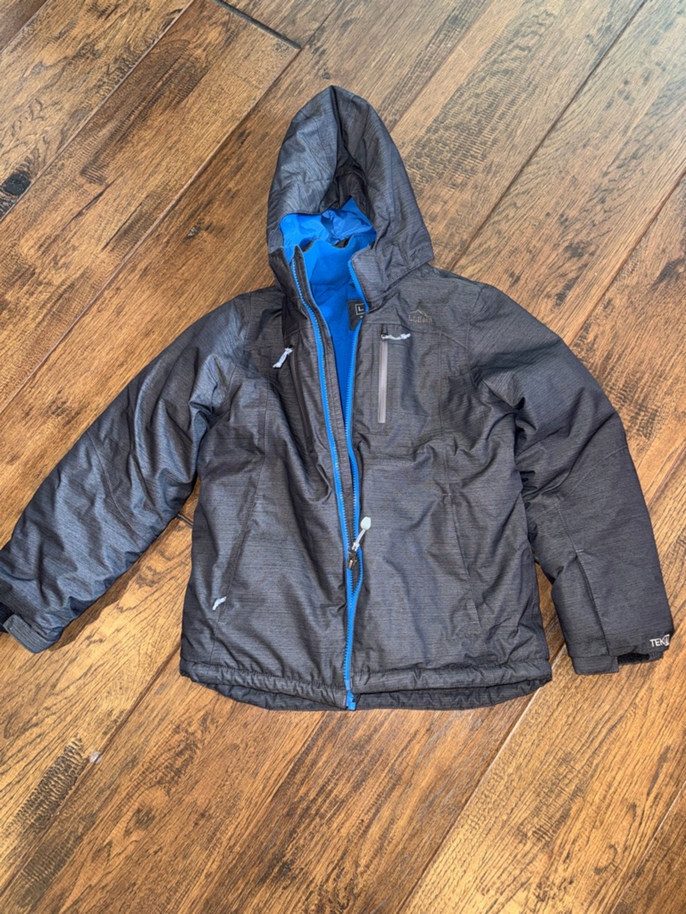 LL BEAN Kids' Gray Hooded Insulated Jacket + Blue Lining. Size 10-12. LIKE NEW.